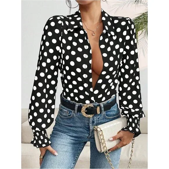 Women's Polka Dots Button Down Shirt Ruffle Bishop Long Sleeve Top - Picture 5 of 5